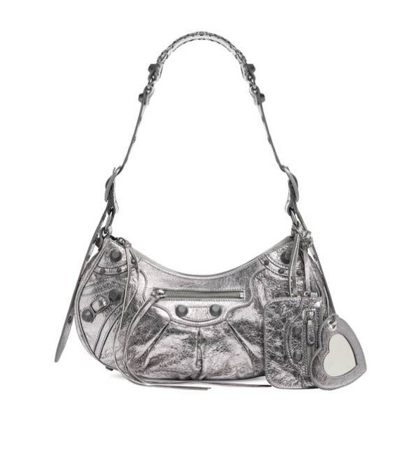 Bolsa Balenciaga Le Cagole Metalizada em Prata Envelhecida